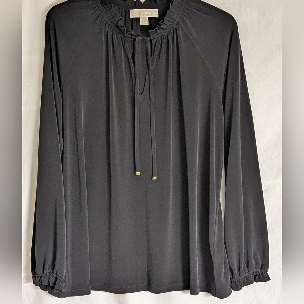 Michael Kors Black Top Size L Ties Have Gold Tips Dolman Sleeves Ruffled Neck